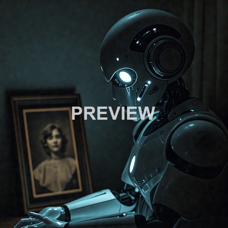 A futuristic robot with a sleek, metallic design and glowing lights is sitting in a dark room, looking at a framed black-and-white photograph of a woman.
